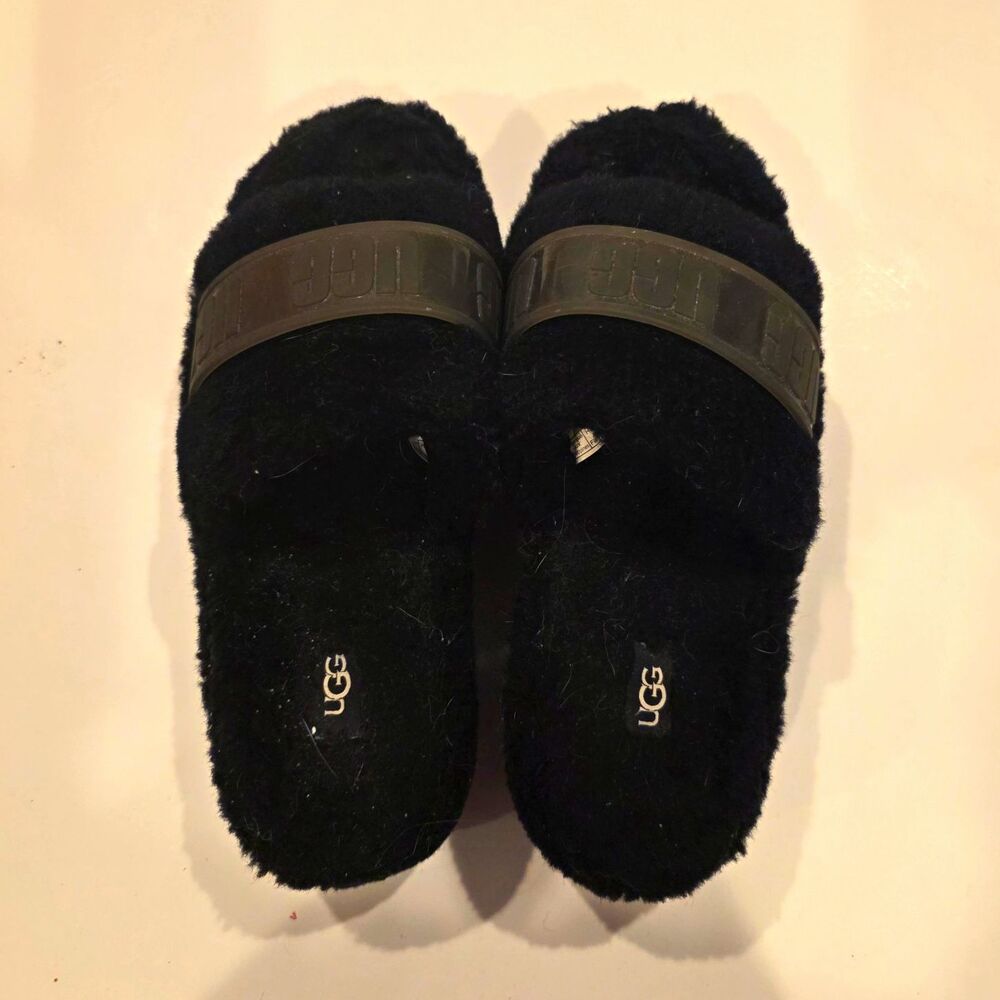 UGG Black Fuzzy Slide Sandals Size 8 Plush Fur Logo Strap Cozy Slippers